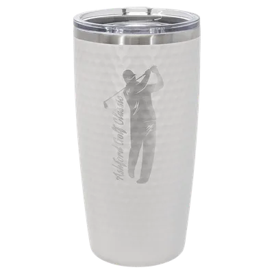 20 oz Sports tumbler, White · Golf dimples, engraved example