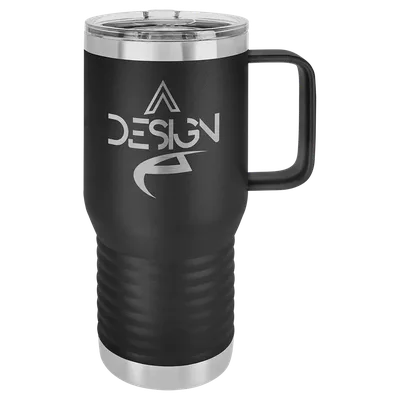 20 oz Travel mug with handle, Black, engraved example