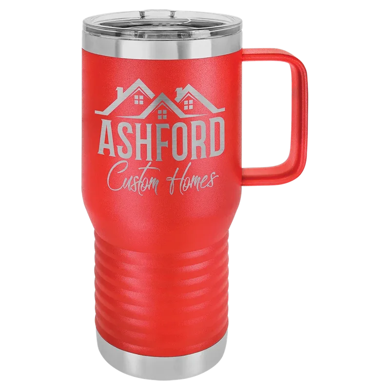 LCM203, 20 oz Travel mug with handle, engraved example