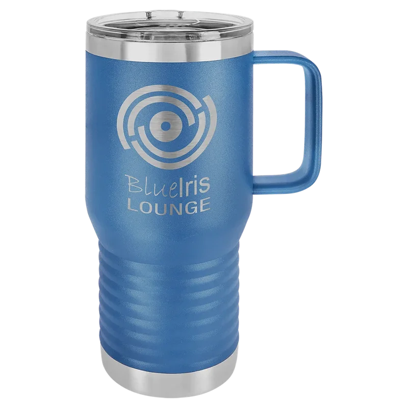 LCM204, 20 oz Travel mug with handle, engraved example