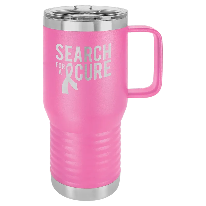 LCM205, 20 oz Travel mug with handle, engraved example