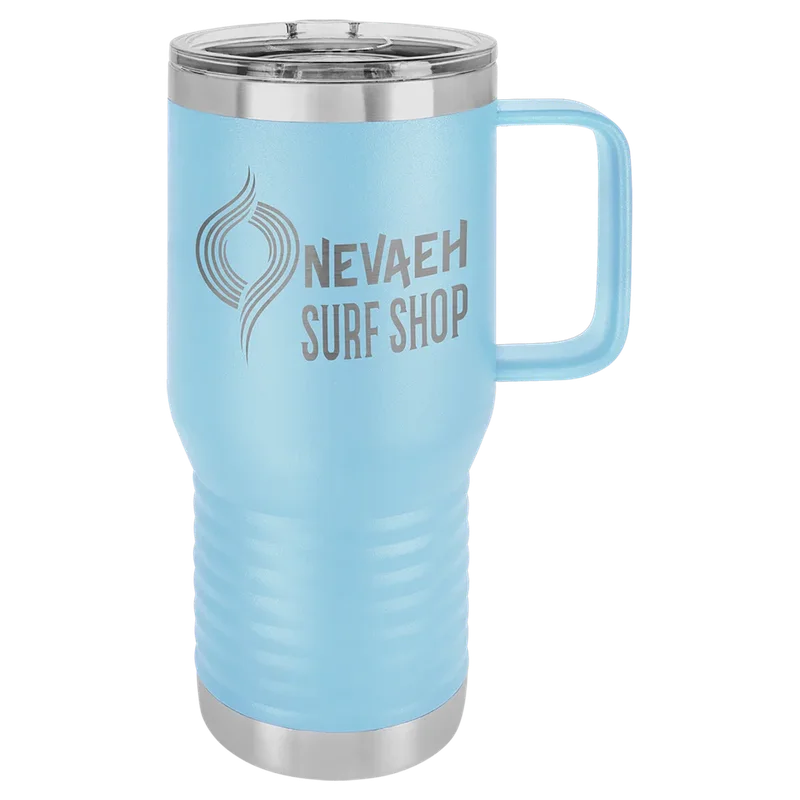 LCM207, 20 oz Travel mug with handle, engraved example