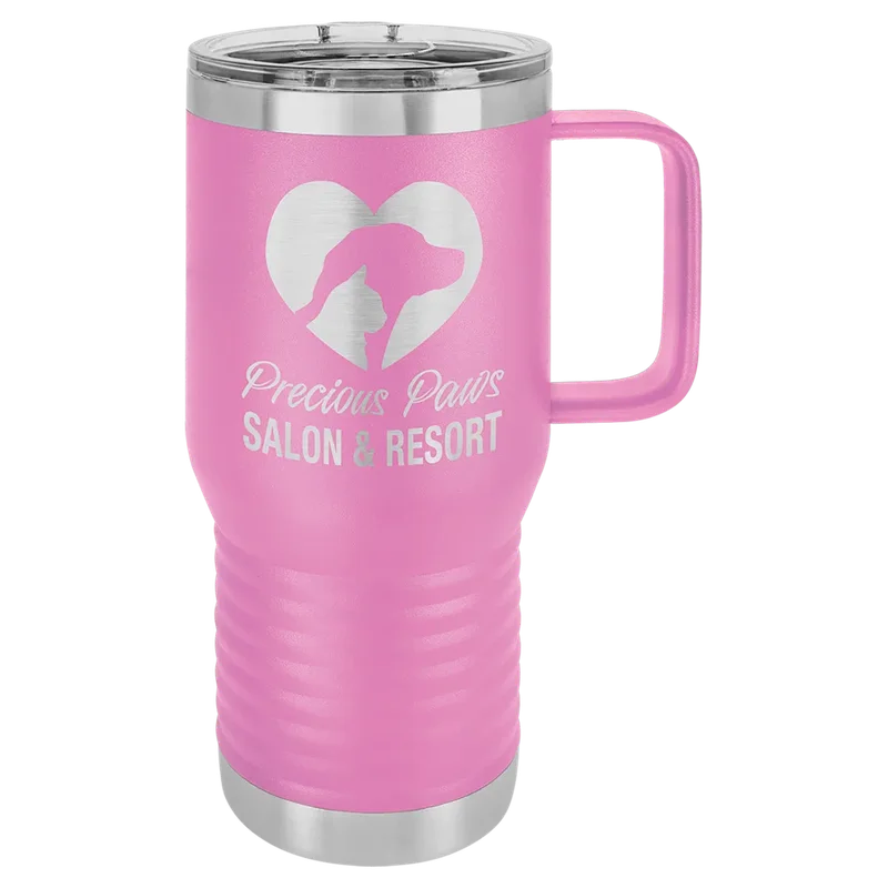 LCM208, 20 oz Travel mug with handle, engraved example