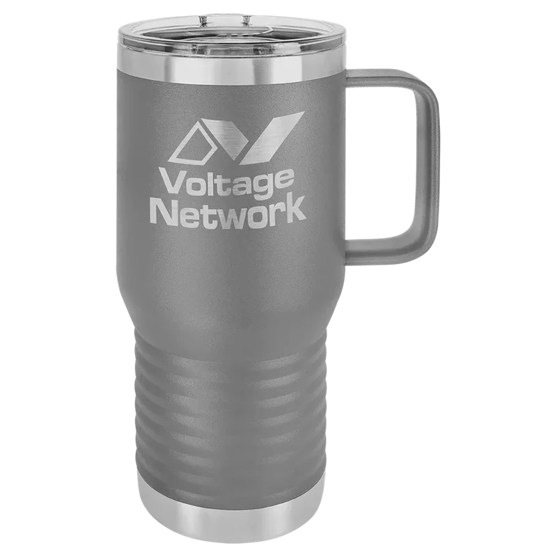 LCM210, 20 oz Travel mug with handle, engraved example