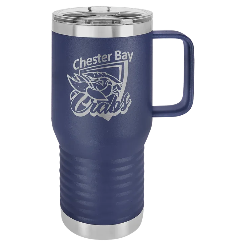 LCM211, 20 oz Travel mug with handle, engraved example