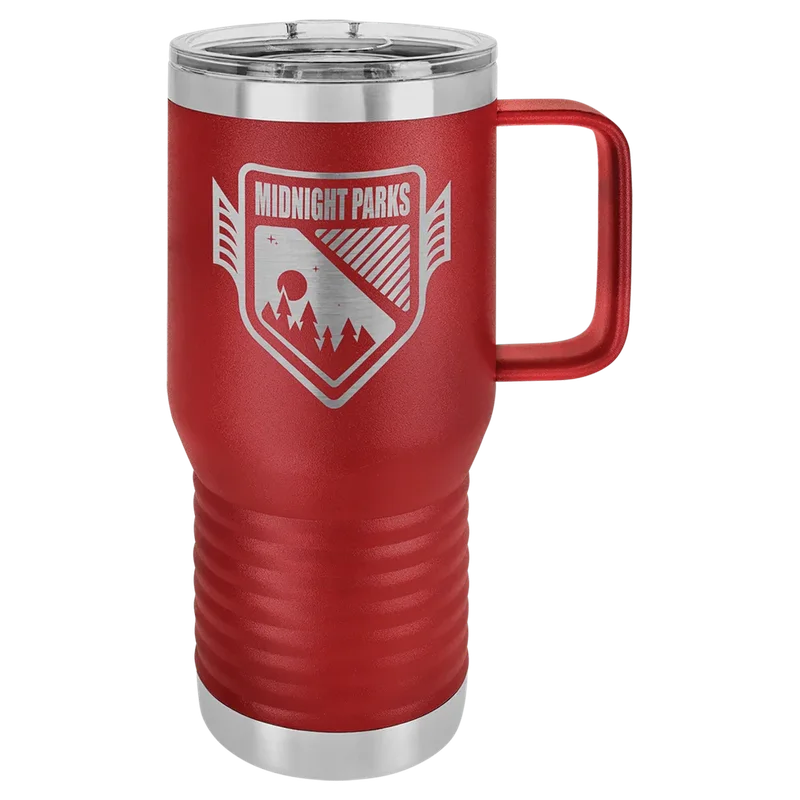 LCM213, 20 oz Travel mug with handle, engraved example