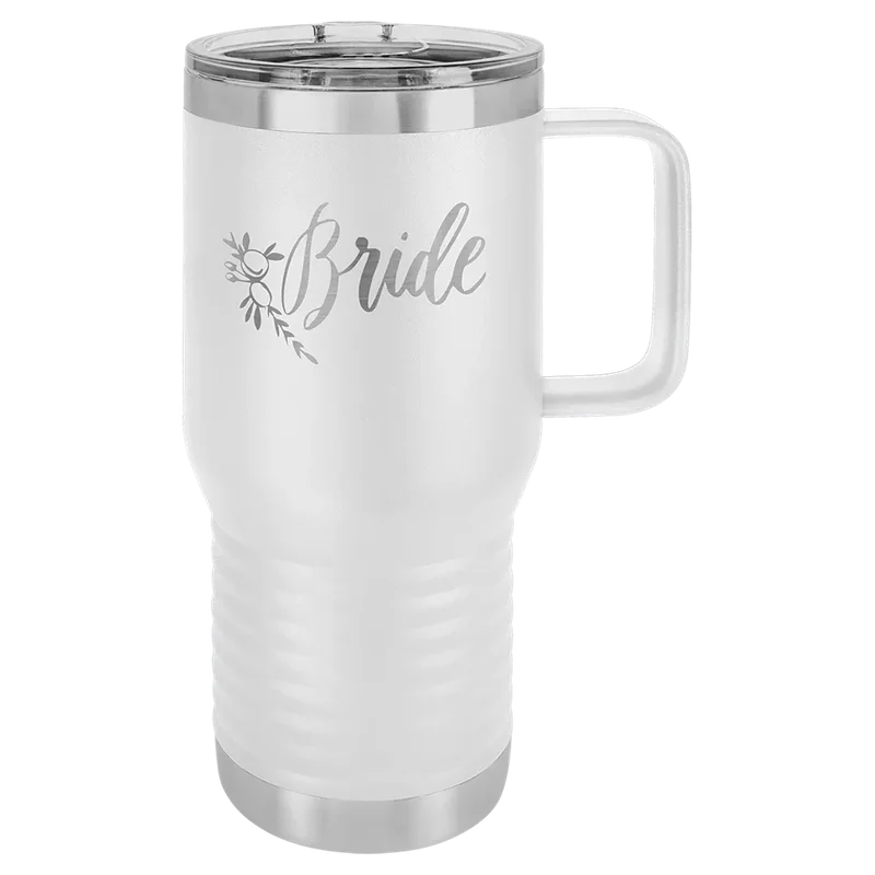 LCM214, 20 oz Travel mug with handle, engraved example