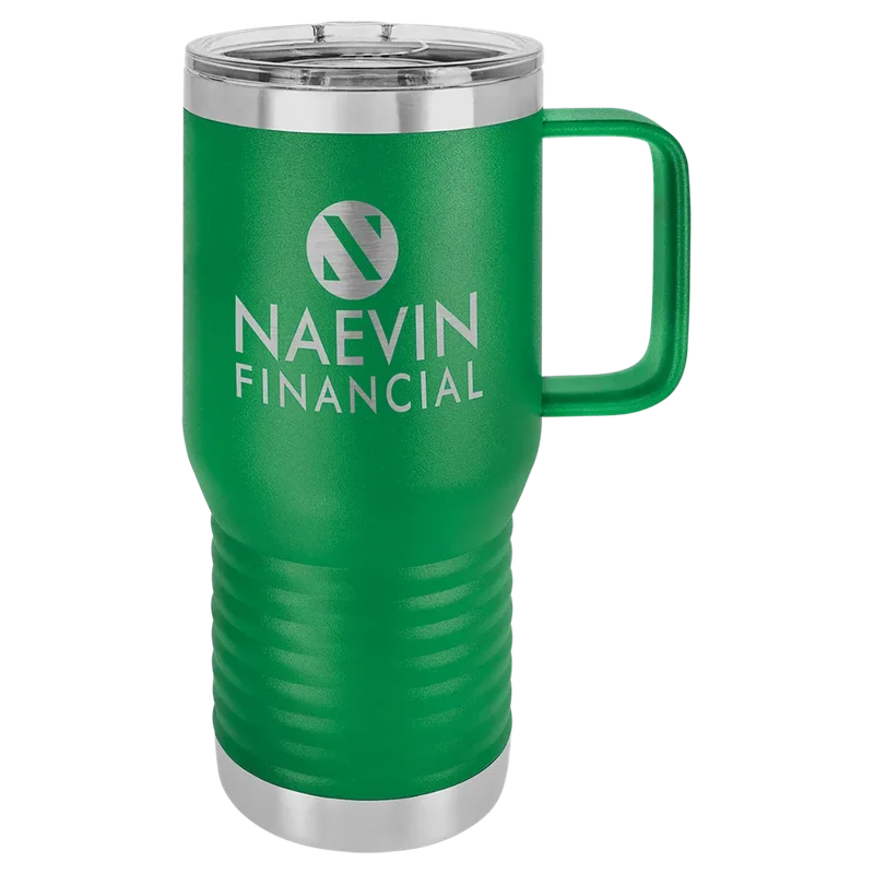 LCM215, 20 oz Travel mug with handle, engraved example