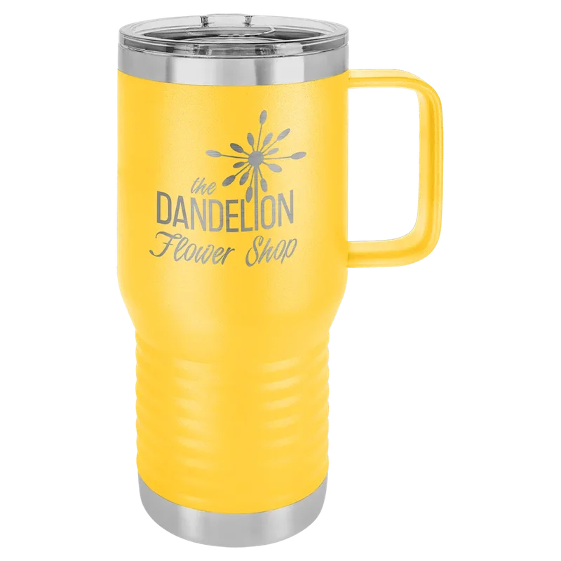 LCM216, 20 oz Travel mug with handle, engraved example