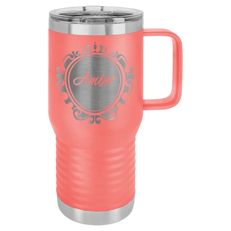 LCM217, 20 oz Travel mug with handle, engraved example