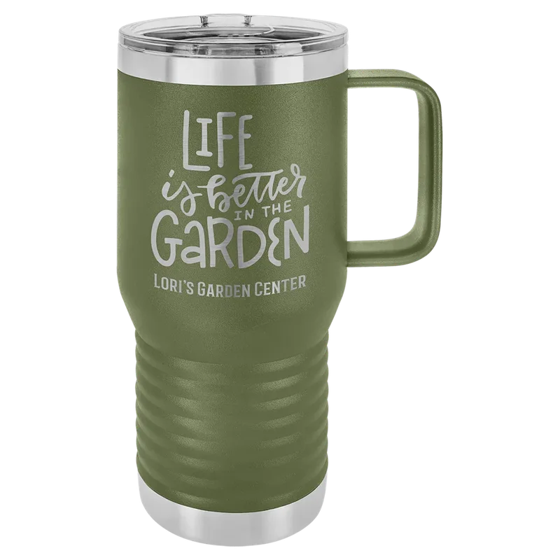 LCM218, 20 oz Travel mug with handle, engraved example