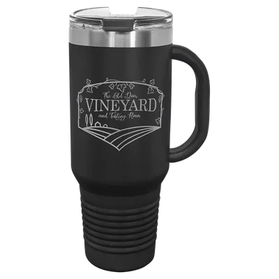 40 oz Travel tumbler with handle, Black, engraved example