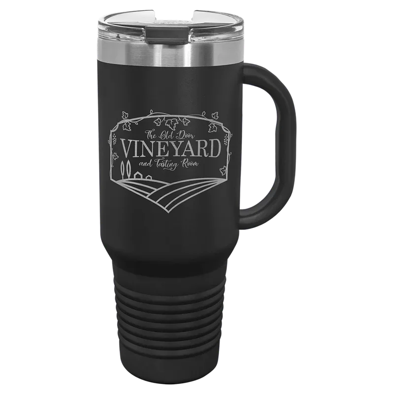 LTM7401, 40 oz Travel tumbler with handle, engraved example