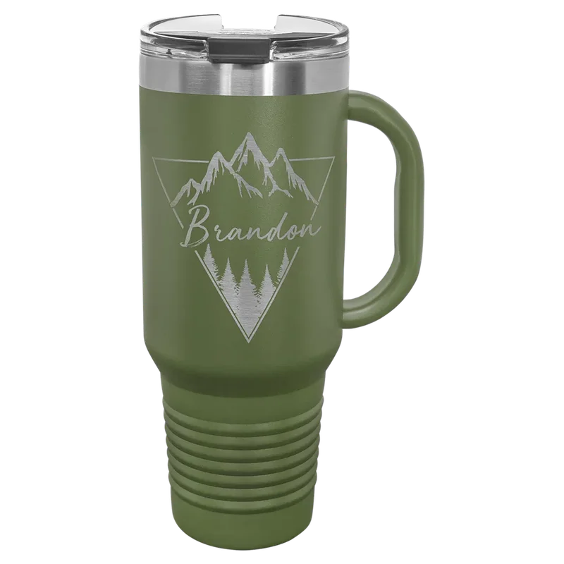LTM7408, 40 oz Travel tumbler with handle, engraved example