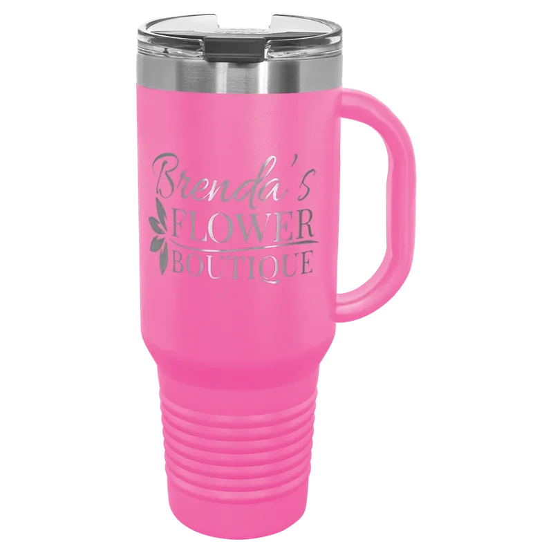 LTM7409, 40 oz Travel tumbler with handle, engraved example