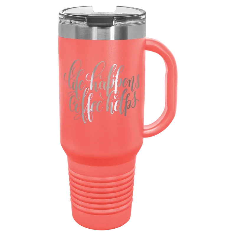 LTM7416, 40 oz Travel tumbler with handle, engraved example