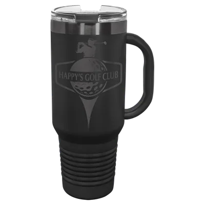 40 oz Travel mug with handle, Black, engraved example