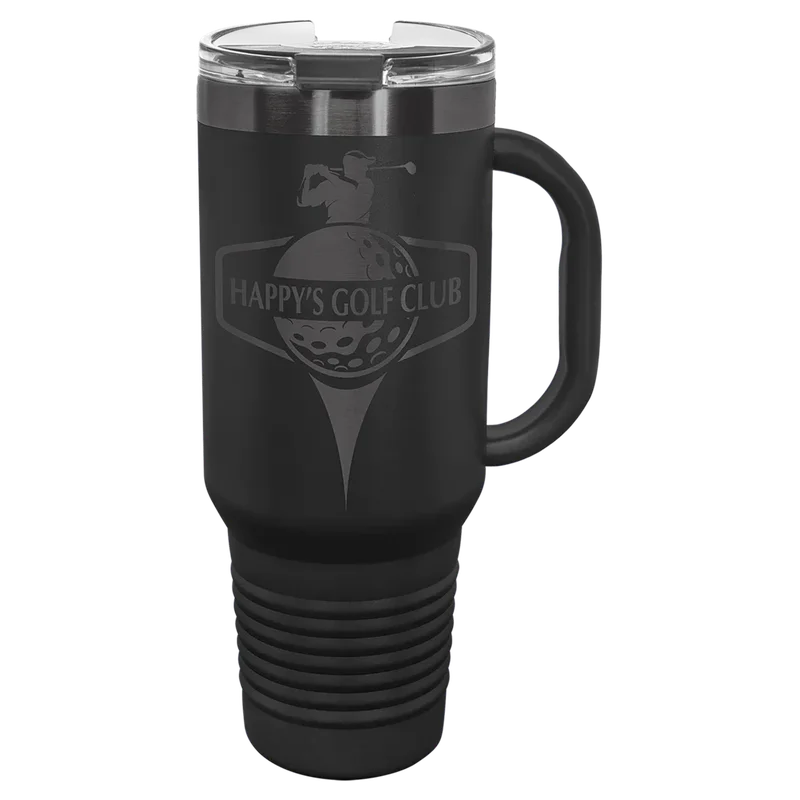 LTM7430, 40 oz Travel mug with handle, engraved example