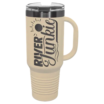 40 oz Travel mug with handle, Warm Sand, engraved example