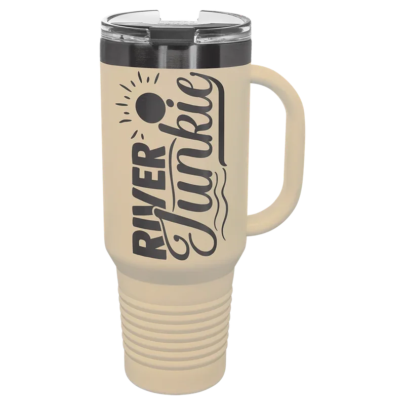 LTM7432, 40 oz Travel mug with handle, engraved example