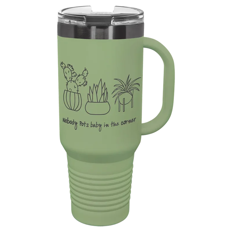 LTM7434, 40 oz Travel mug with handle, engraved example
