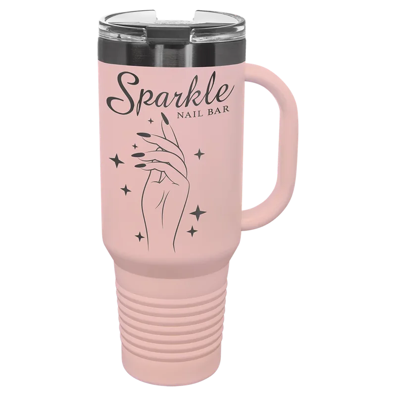 LTM7435, 40 oz Travel mug with handle, engraved example