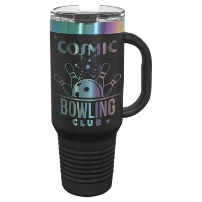 40 oz Travel mug with handle, Black, engraved example