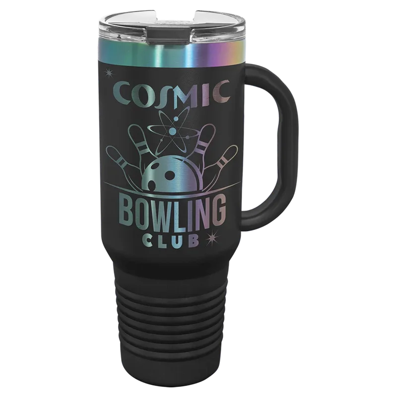 LTM7485, 40 oz Travel mug with handle, engraved example