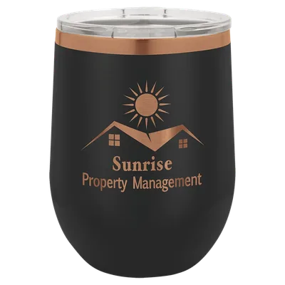 12 oz Stemless wine tumbler, Black, engraved example
