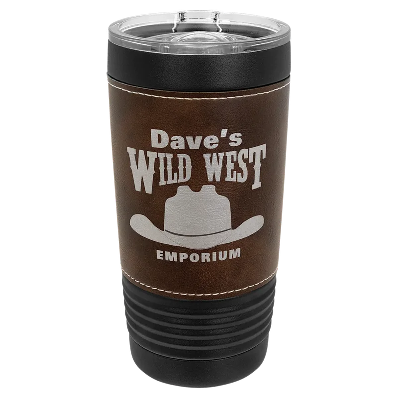 LTM5254, 20 oz Leatherette tumbler, engraved example