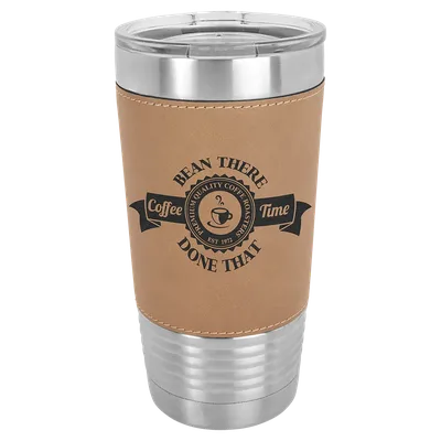 20 oz Leatherette tumbler, Light Brown, engraved example