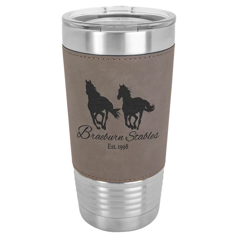 LTM5205, 20 oz Leatherette tumbler, engraved example