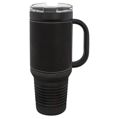 40 oz Leatherette tumbler with handle, Black / Silver, unengraved