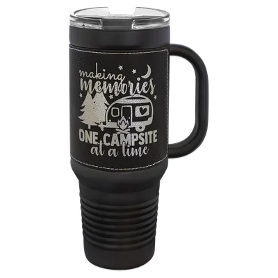 40 oz Leatherette tumbler with handle, Black / Silver, engraved example