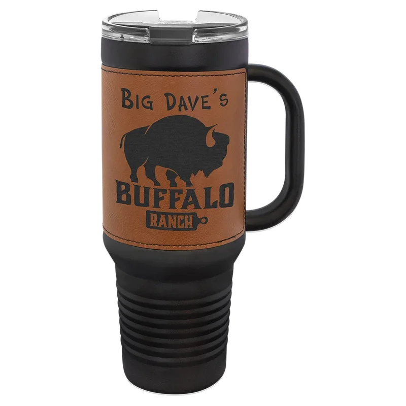 LTM7452, 40 oz Leatherette tumbler with handle, engraved example