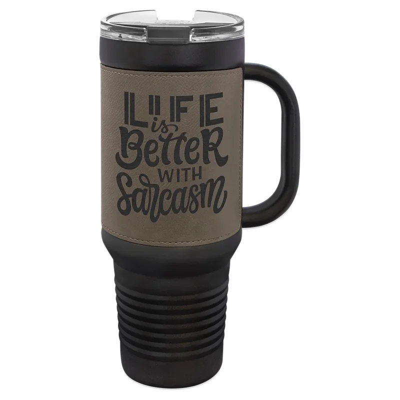 LTM7453, 40 oz Leatherette tumbler with handle, engraved example
