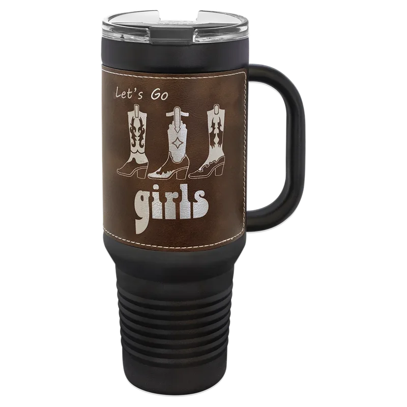 LTM7454, 40 oz Leatherette tumbler with handle, engraved example