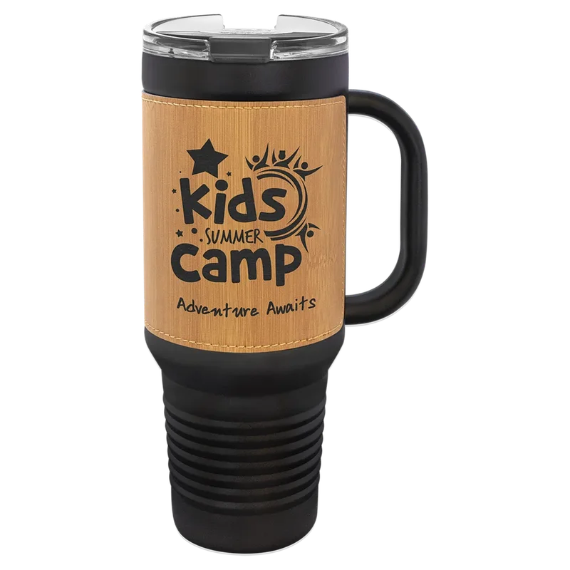 LTM7455, 40 oz Leatherette tumbler with handle, engraved example