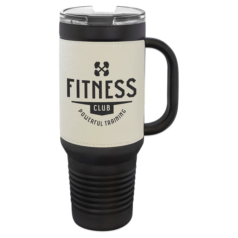 LTM7456, 40 oz Leatherette tumbler with handle, engraved example