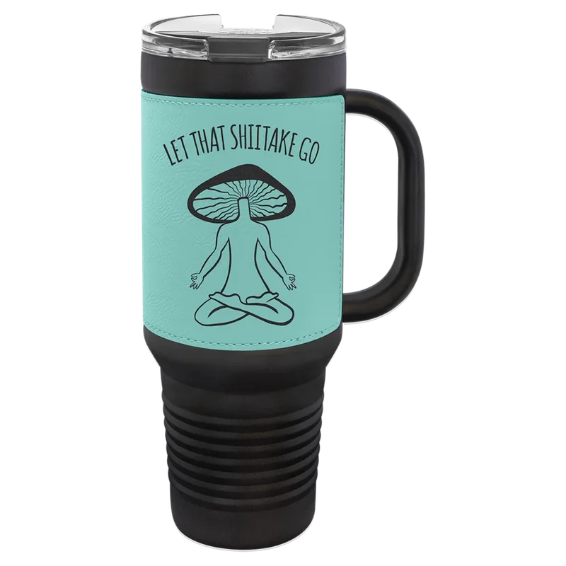 LTM7458, 40 oz Leatherette tumbler with handle, engraved example